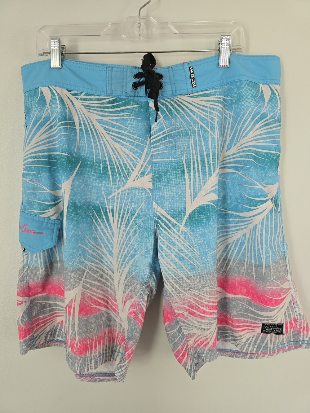 Maui & Sons Turquoise Palm Print Board Shorts. Swim Trunks. Hybrid, Size 36 Vguc